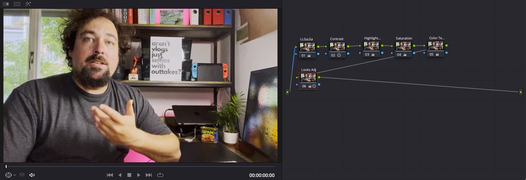 Color nodes in DaVinci Resolve next to the video