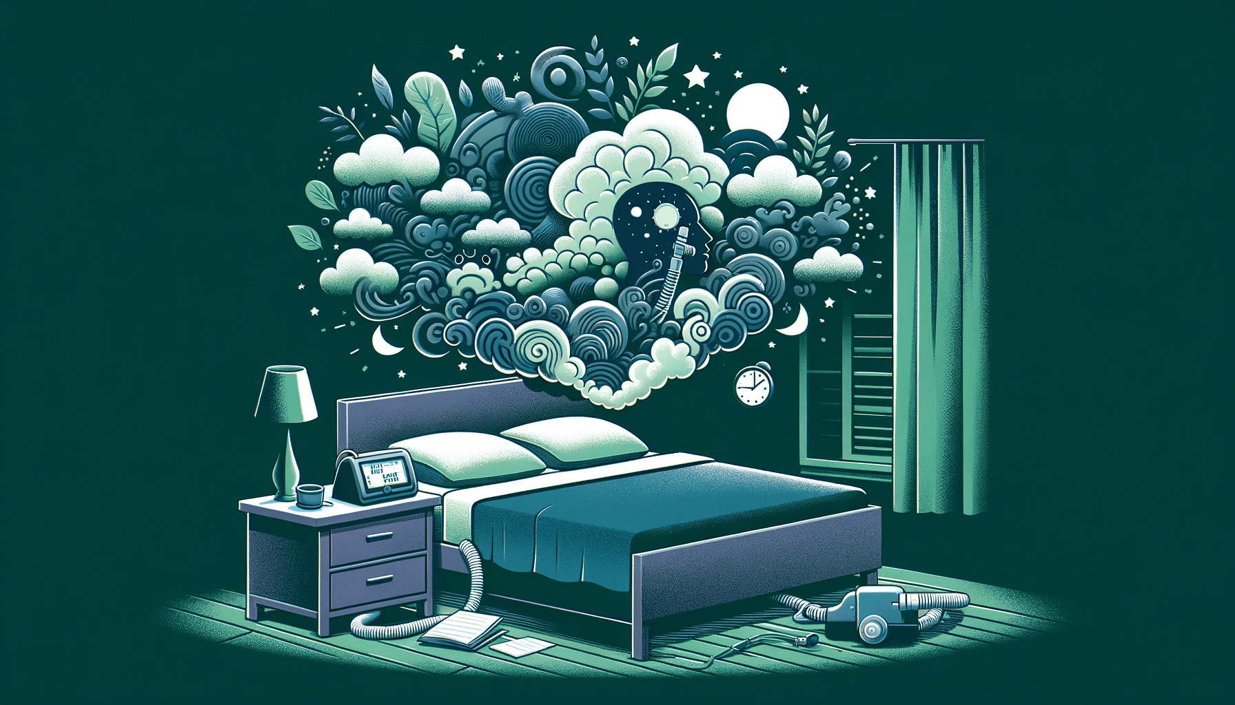 Create a 1200x630 px social share image with a dark green background. The illustration should depict a serene bedroom scene with a CPAP machine on a nightstand, symbolizing good sleep. Include a representation of a chaotic whirl of thoughts or "loud mind," perhaps as a stormy cloud above the bed, calming down with the presence of the CPAP machine. Add elements that suggest productivity, like a neat to-do list or a clock showing an early morning hour, to convey a transformation from chaos to order.