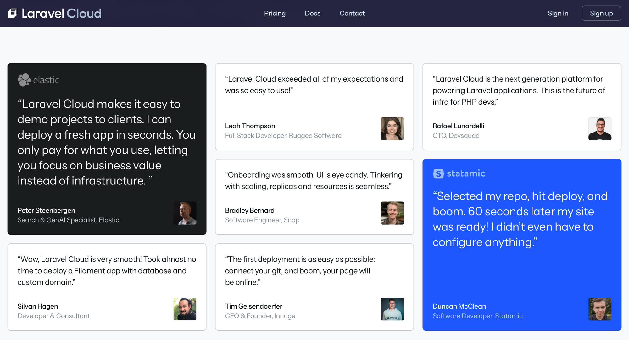 Screenshot of the early testimonials about Larvel Cloud
