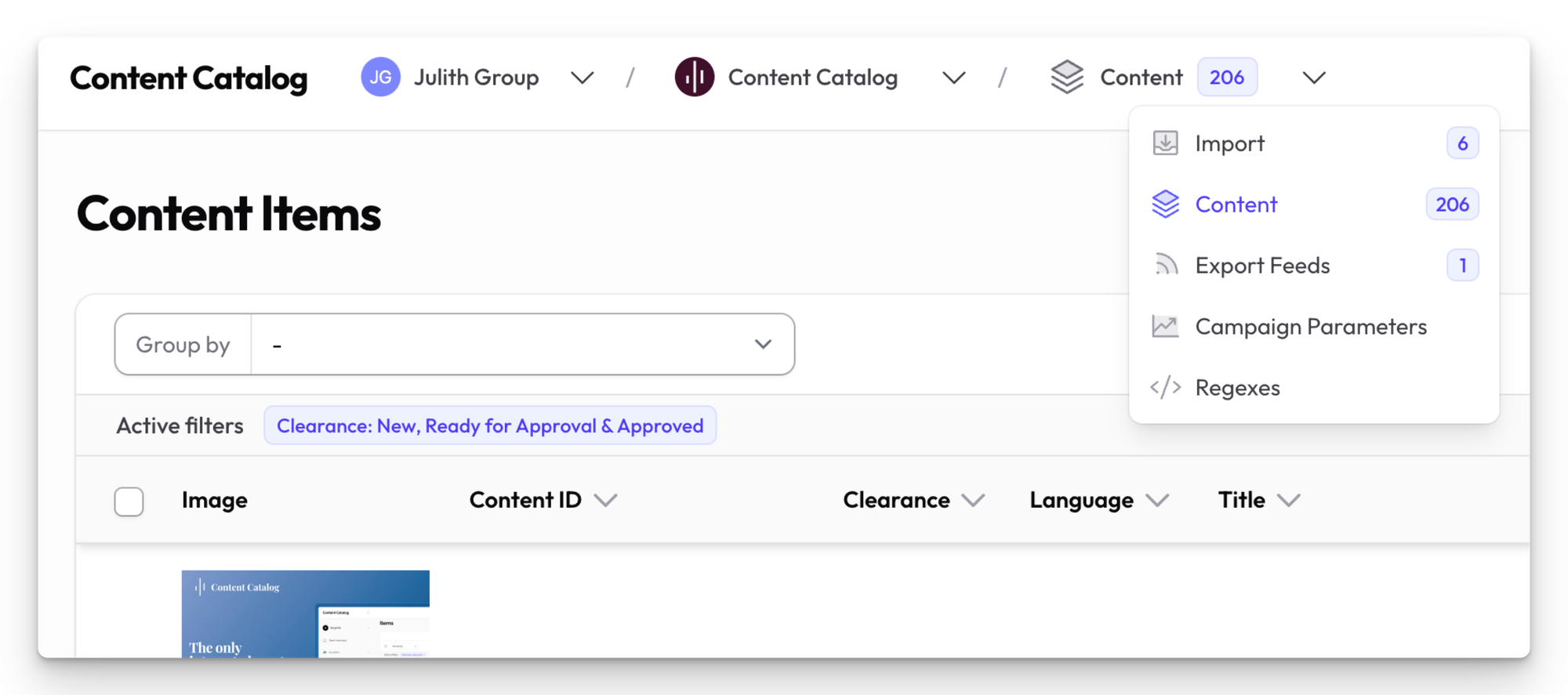 Screenshot of the new navigation in the content catalog saas app